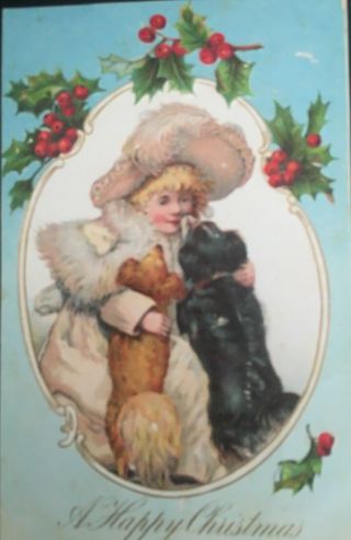Vintage Postcard A Happy Christmas,  Girl With Fur Hat And Dogs Embossed