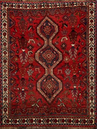Vintage Geometric Abadeh Tribal Red Area Rug Hand - Knotted Nomad - Weave Wool 4x5