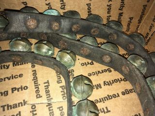 Leather Strap 50 Antique Sleigh Bells Small Vintage Horse Jingle Bell 2