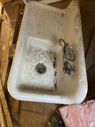 Antique Vintage Kitchen Sink With Drain Board,  Brackets