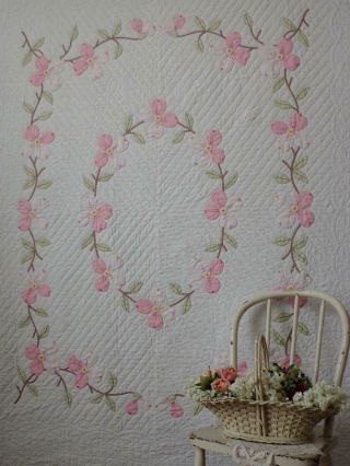 Romantic Cottage Vintage Pink & White Applique Dogwood Blossom Quilt 87x74