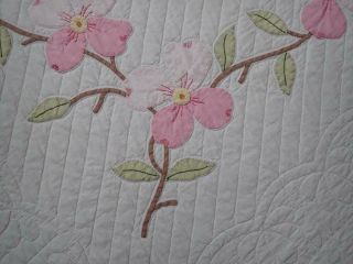 Romantic Cottage Vintage Pink & White Applique Dogwood Blossom QUILT 87x74 2