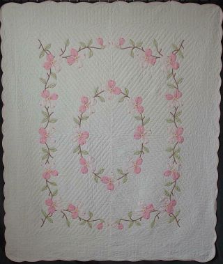 Romantic Cottage Vintage Pink & White Applique Dogwood Blossom QUILT 87x74 3