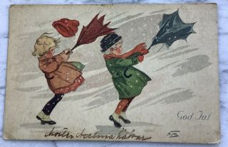 Vintage Swedish Christmas Postcard God Jul Boy Girl Snowstorm Umbrellas