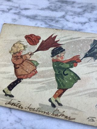 Vintage Swedish Christmas Postcard God Jul Boy Girl Snowstorm Umbrellas 2