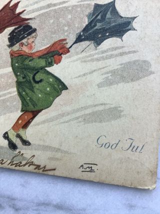 Vintage Swedish Christmas Postcard God Jul Boy Girl Snowstorm Umbrellas 3