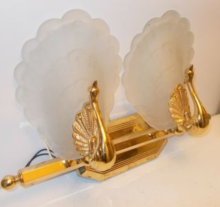 Vintage Peacock Bird Wall Sconce Lamp Brass Frosted Glass