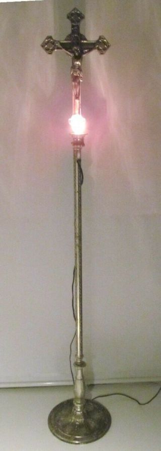 Vintage Funeral Standing Ornate Lighted Crucifix Height Adjust Cross Light