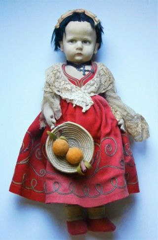 Vintage 19 In.  Lenci Cloth Doll In Ethnic Costume Holding Basket With Felt Fruit