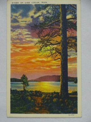Vintage Curt Teich Linen Postcard Sunset On Lake Chelan Wa Usa Unposted