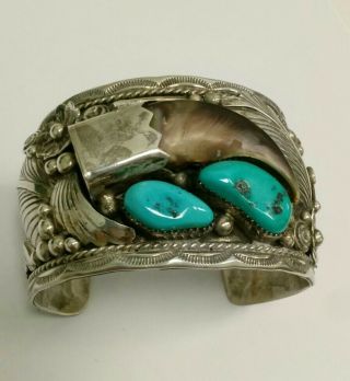 Vintage Sterling Silver & Turquoise Heavy Navajo Cuff Bracelet Signed " 3 " Or " E "