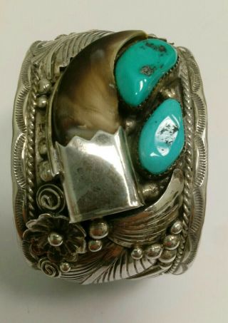 Vintage Sterling Silver & Turquoise Heavy Navajo Cuff Bracelet Signed 