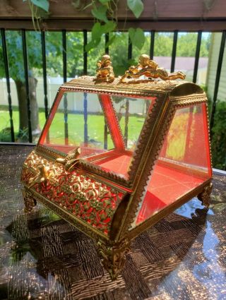 Vintage Brass Filigree Ormolu Jewelry Box Casket With Angels Cherubs Birds Doves