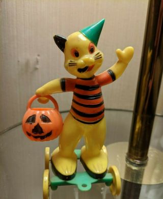 Vintage R Rosen Yellow Cat Hard Plastic Candy Container On Pull Cart Toy