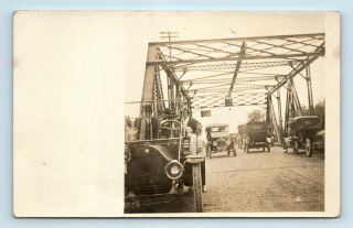 Early 1900s Model T Type Old Car Automobiles Over Crowded Bridge Vtg Photo Rppc
