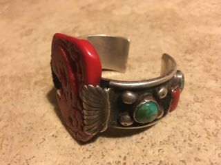 Vintage Navajo Sterling Silver,  Turquoise And Red Coral Watch Cuff Signed Attc - Lx