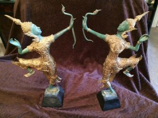 Vintage Thai Verdigris Bronze And Gold Gilt Statues Of Rama The Archer