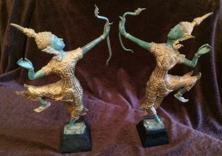 Vintage Thai Verdigris Bronze and Gold Gilt Statues Of Rama The Archer 2