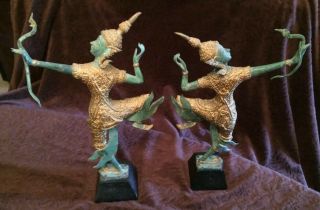 Vintage Thai Verdigris Bronze and Gold Gilt Statues Of Rama The Archer 3