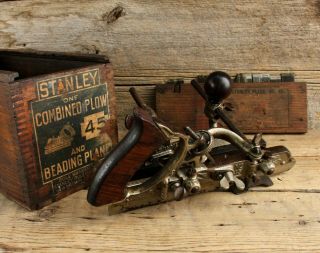 Vintage Stanley Combined Plow & Beading Wood Plane No.  45 W Box & Cutters