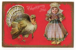 072820 Vintage Thanksgiving Postcard Turkey W/ Girl In Wooden Shoes 1910
