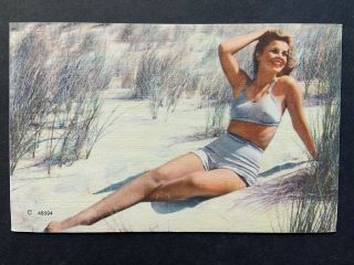 Risque,  Woman In Bathing Suit On Beach,  Vintage Linen Postcard