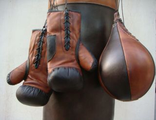 Vintage | Tan & Dark Brown Leather Boxing Gym Punch Bag,  Gloves,  Ball | Retro