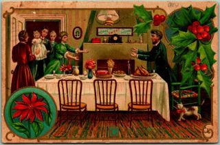 Vintage Christmas Greetings Embossed Postcard Dinner Table Scene 1909 Cancel