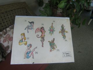 Vintage Tattoo Flash - Mid 1900s.  Large 28  X 22 .  Hand - Drawn & Colored