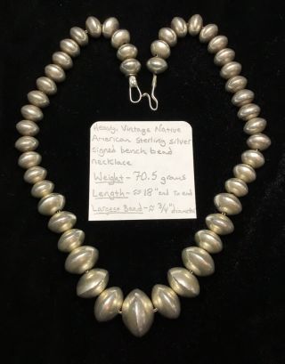 Heavy Vintage,  Native American Sterling Silver Signed Bench Bead Necklace 70.  5g