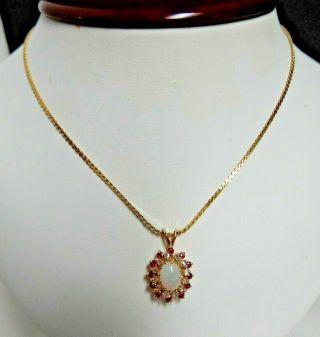 Vintage Opal Ruby Diamond 14kt Gold Pendant Necklace 17 