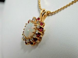 Vintage Opal Ruby Diamond 14kt Gold Pendant Necklace 17 