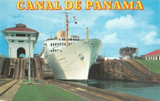 Panama Canal Tourist Liner Ship In Lock Miraflores Locks Vintage Postcard F12