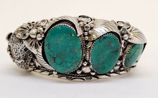Vintage Navajo Signed Pac Turquoise And Feather Sterling Silver Cuff Bracelet
