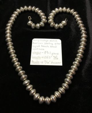 Heavy Vintage,  Native American Sterling Silver Signed Bench Bead Necklace 89.  1g