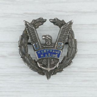 Us Merchant Marine Badge Vintage Sterling Silver Enamel Eagle Pin