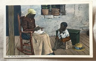 Vintage Black Americana Postcard At The Old Cabin Door Rocking Chair Little Boy