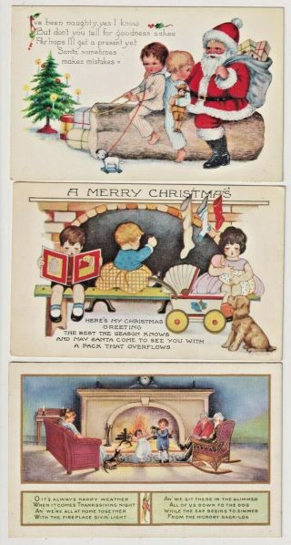 3 Christmas Vintage Postcards By Whitney Santa,  Children,  Toys