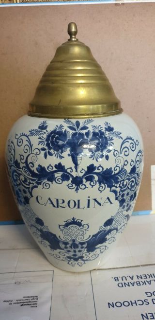 Oud Delft Blue Vintage Big Carolina Tobacco Jar With Brass Lid Williamsburg
