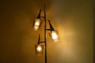 Vtg Gold Teak Amber Floor Lamp Mid Century Modern Danish Atomic Cone Pole 50s60s