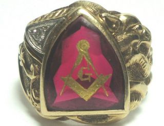 10k Yellow Gold Vintage Masonic Gothic Ring W/ Small Diamond Sz 9 Ships From U.  S
