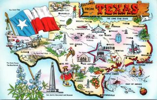 1950s Greeting From Texas Map Lusterchrome Postcard Ev