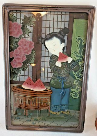 Vintage Chinese Reverse Glass Painting Of A Chinese Child