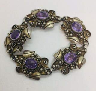 Antique Arts & Crafts Sterling Silver & Amethyst Ornate Leaf Bracelet