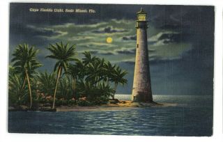 Cape Florida Light Lighthouse At Night Near Miami Fl Vintage Postcard