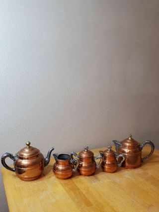 Vintage 5 Piece Rochestor Copper And Pewter Coffee And Tea Set