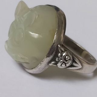Rare Antique Chinese Export Silver Carved Apple Jade Nephrite Adjustable Ring