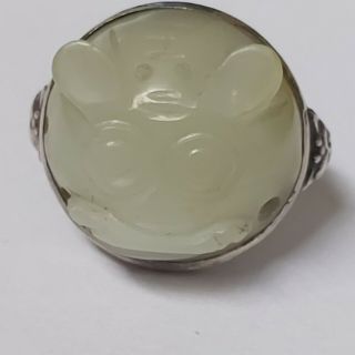 RARE Antique Chinese Export Silver Carved Apple Jade Nephrite Adjustable Ring 2