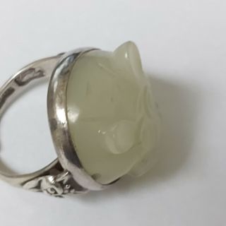 RARE Antique Chinese Export Silver Carved Apple Jade Nephrite Adjustable Ring 3