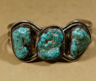 Old Pawn Vintage Rustic 3 Stone Turquoise Navajo Sterling Silver Cuff Bracelet